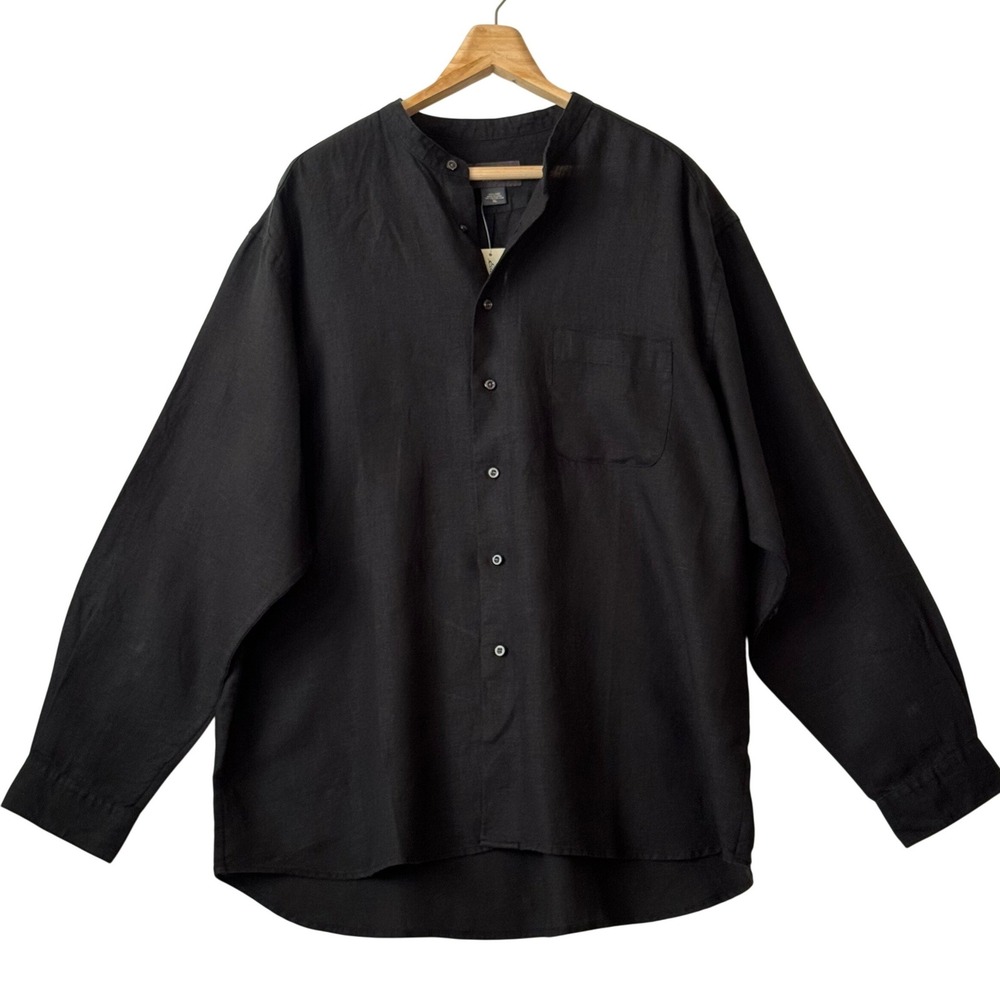 Eddie Bauer Men's XL 100% Linen Band Collar Shirt Black Long Sleeve Vintage NWT